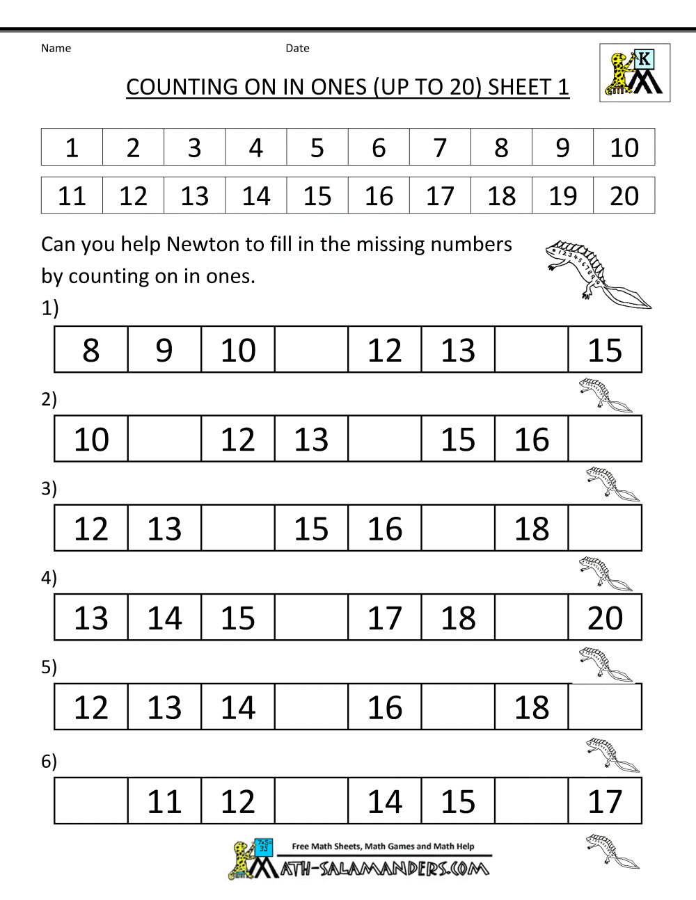 Order Numbers Up To 20 Worksheet